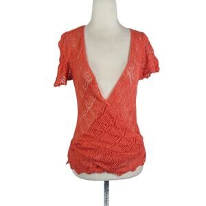 Vintage Y2K A Wear Orange Crochet Knit Wrap Cardigan Sweater L